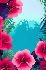Tropical floral backdrop 80s retro-wave style. Generative AI