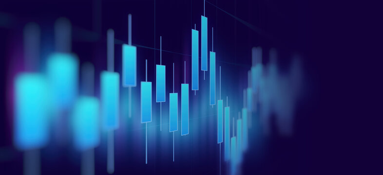 Financial forex graph with candle stick chart in stock market on neon color Widescreen background