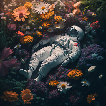 astronaut dream in the garden with flowers using ai