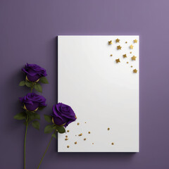 Sheet of papper background mockup, purple roses and golden stars, AI generation
