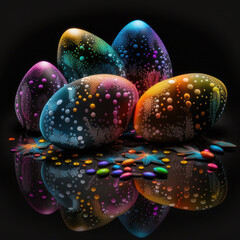 Colorful Easter eggs on a black background. AI Generated