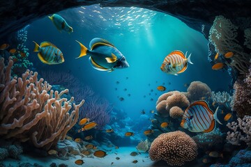 Fototapeta na wymiar beautiful scenic background under the ocean, coral reef, fish