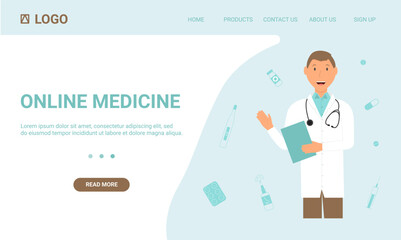 Internet page of online medicine services. Landing page. Flat. Vector.