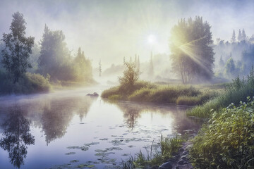 Naklejka na ściany i meble Warmy beautiful morning summer landscape with mist on a river. Generative AI