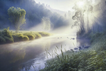 Warmy beautiful morning summer landscape with mist on a river. Generative AI