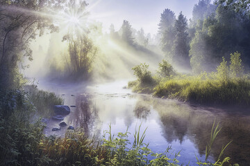 Naklejka na ściany i meble Warmy beautiful morning summer landscape with mist on a river. Generative AI