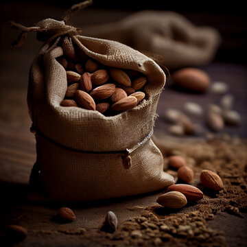 Almendras peladas saliendo de un saco de arpillera , tumbado sobre una hermosa mesa rustica con luces de estudio modificadas.
