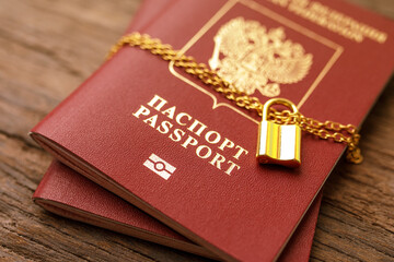 Russia Sanctions and banned russian people, Russian Federation passports with padlock and chain. Text translation Russian Federation