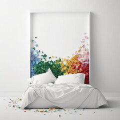 Frame poster mockup in home interior, rainbow of colors and a bed of petals, AI Generaion.