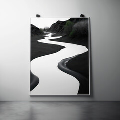 Wall poster mockup meandering river and a forest of mystery, AI generation.