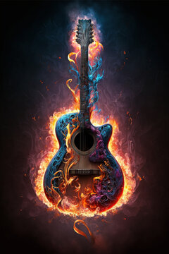 Colorful, psychedelic guitar with intricate details and ornaments. Created with Generative AI technology.