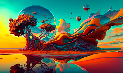 Fototapeta na wymiar Surreal colorful landscape with fluid gradient. Yellow and purple abstract mountains reflected in river 3d futuristic trees and planets of glassomorphism multiverse