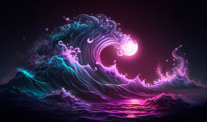 Futuristic neon big wave background. Night seascape from 3d glowing purple colorful tsunami with moon in sky and fantastic bursts of vibrant storm colors - obrazy, fototapety, plakaty