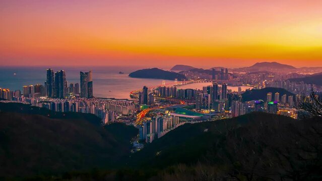 Timelapse video of Busan city at sunset in South Korea.