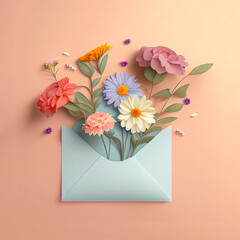 Pastel creative Spring love letter, Spring holiday greeting card, pastel fresh meadow field flowers. Minimal envelope. Illustration. Generative AI.