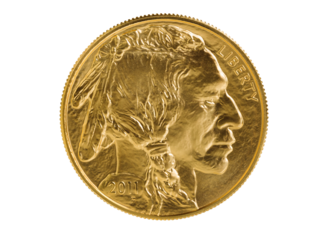 Obverse side of American Gold Buffalo coin on transparent background 