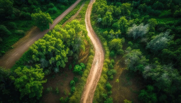 Aerial top view of asphalt road through green forest, healthy rain forest,  environment, health, green economy, view of nature ecosystem for save Earth with Generative AI.