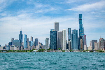 Fototapeta na wymiar Chicago City Skyline / Coastline on a Sunny Day From Lake Michigan