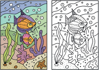 Coloring sea for children antistress fish algae pebbles waves black and white hand-drawn illustration and coloring sample color