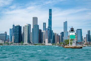 Fototapeta na wymiar End of Chicago Pier With City Skyline From Lake Michigan