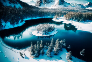 Aerial view to the beautiful snowy mountain lake with forest. Winter landscape. Generative AI