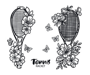 Collection of vector illustrations with tennis rackets, flowers and butterflies. Sports print design for an athlete girl.