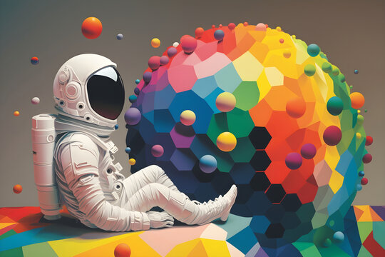 Astronaut sitting abstract colorful low poly spheres, vivid and pastel, generative ai.