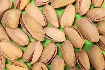 Tasty pistachios background, texture. flat lay close up