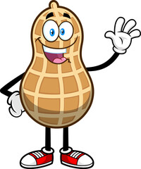 Smiling Peanut Cartoon Character Waving For Greeting. Vector Hand Drawn Illustration Isolated On Transparent Background