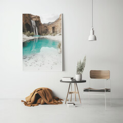 Frame poster mockup in home interior, crystal clear lake and a waterfall of dreams, AI Generaion.