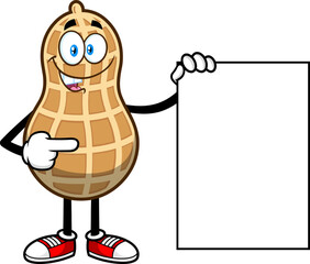 Peanut Cartoon Character Pointing To A Blank Sign. Vector Hand Drawn Illustration Isolated On Transparent Background