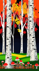 birch grove with mushrooms - colorful vector background illustration