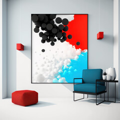 Frame poster mockup in home interior, white clouds and black comets, blue crystals and red cubes AI Generaion.