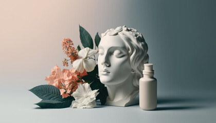 Women's shampoo advertisement in style and mocap with white female sculpture and scenery plants. Generated AI. High quality illustration