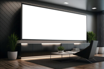 BIG Wide horizontal led screen for presentation in seminar or at conference room, Corporate Identity Display screen in office environment - Empty Stage screen Design Mockup with modern interior