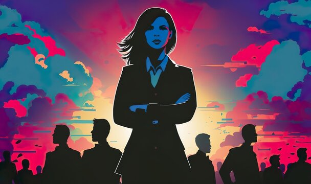 Businessfrau vor buntem Himmel und Silhouetten von Gesch&auml;ftsm&auml;nnern, KI generated