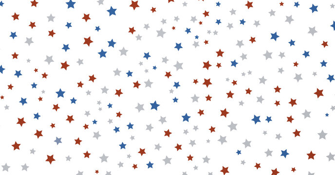 Red white blue shiny confetti stars on white background, isolate, tricolor concept,