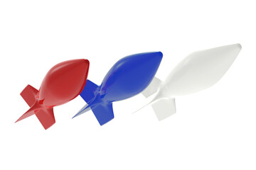 Russian Federation flag shown in the form of 3 missiles isolated on grey background. Military concept. Bottom view. 3D illustration.