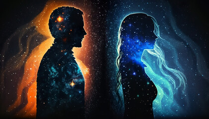 Human silhouettes on abstract cosmic background. Human souls couple in love. Spiritual life concept. Generative AI.