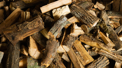 Firewood for the oven. Wood preparation. Chopping wood. Household. Cutting with an axe.