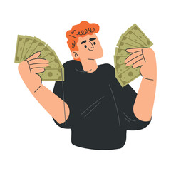 Rich Man Character with Green Banknotes in Hands Vector Illustration