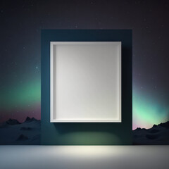 Wall poster mockup twinkling night sky and an aurora of colors, AI generation.