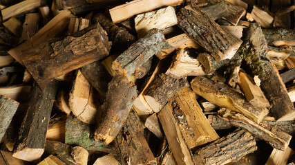 Firewood for the oven. Wood preparation. Chopping wood. Household. Cutting with an axe.