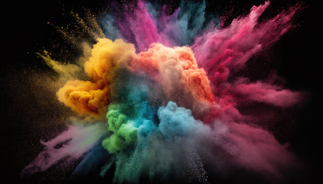 Launched multi-colored powder on a black background with colorful splashes in all directions. Generated AI. High quality illustration