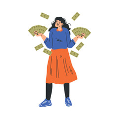 Rich Woman Character Holding Green Banknotes Vector Illustration