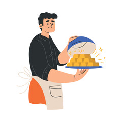 Rich Man Character in Apron with Tray and Gold Bars Vector Illustration