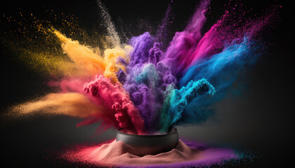 Advertising poster with cosmetic powder of different colors, with particles flying in all directions after the explosion. Generated AI. High quality illustration