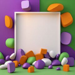 Background for product presentation, orange lightning and purple rainbows, green pebbles and purple cubes AI generation.
