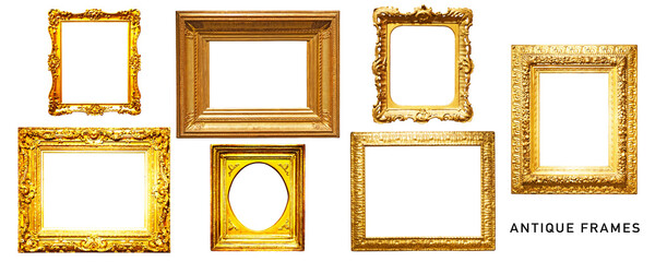 Golden vintage frame set. PNG isolated with transparent background. Without shadow.