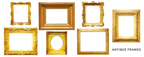 Golden vintage frame set. PNG isolated with transparent background. Without shadow.